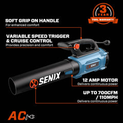Soplador de hojas eléctrico con cable SENIX de 12 amperios