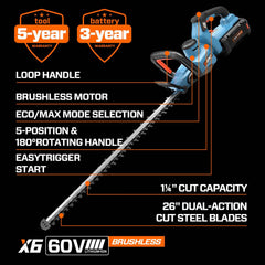 X6 60V Max* 26" Cordless Hedge Trimmer, Brushless (3.0 Ah Battery & Ch | Hedge Trimmers | SENIX Tools