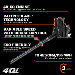 Soplador de hojas de mochila a gasolina de 4 tiempos y 49 cc 4QL®