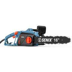 Senix 16-inch electric chainsaw with blue and black body and orange controls