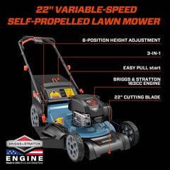 Cortadora de césped autopropulsada a gasolina SENIX de 22" y 163 cc con motor Briggs & Stratton de 4 tiempos, velocidad variable y funciones 3 en 1: triturado, ensacado y descarga lateral.