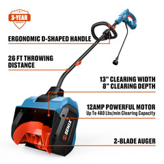 Pala quitanieves con cable SENIX de 12 amperios y 13 pulgadas