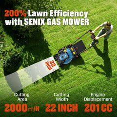 SENIX 22" Self-Propelled Gas Lawn Mower with Variable Speed, 201cc 4-Cycle RATO RV200Pro Engine, 3-in-1 Cutting System, 6-Position Height Adjustment