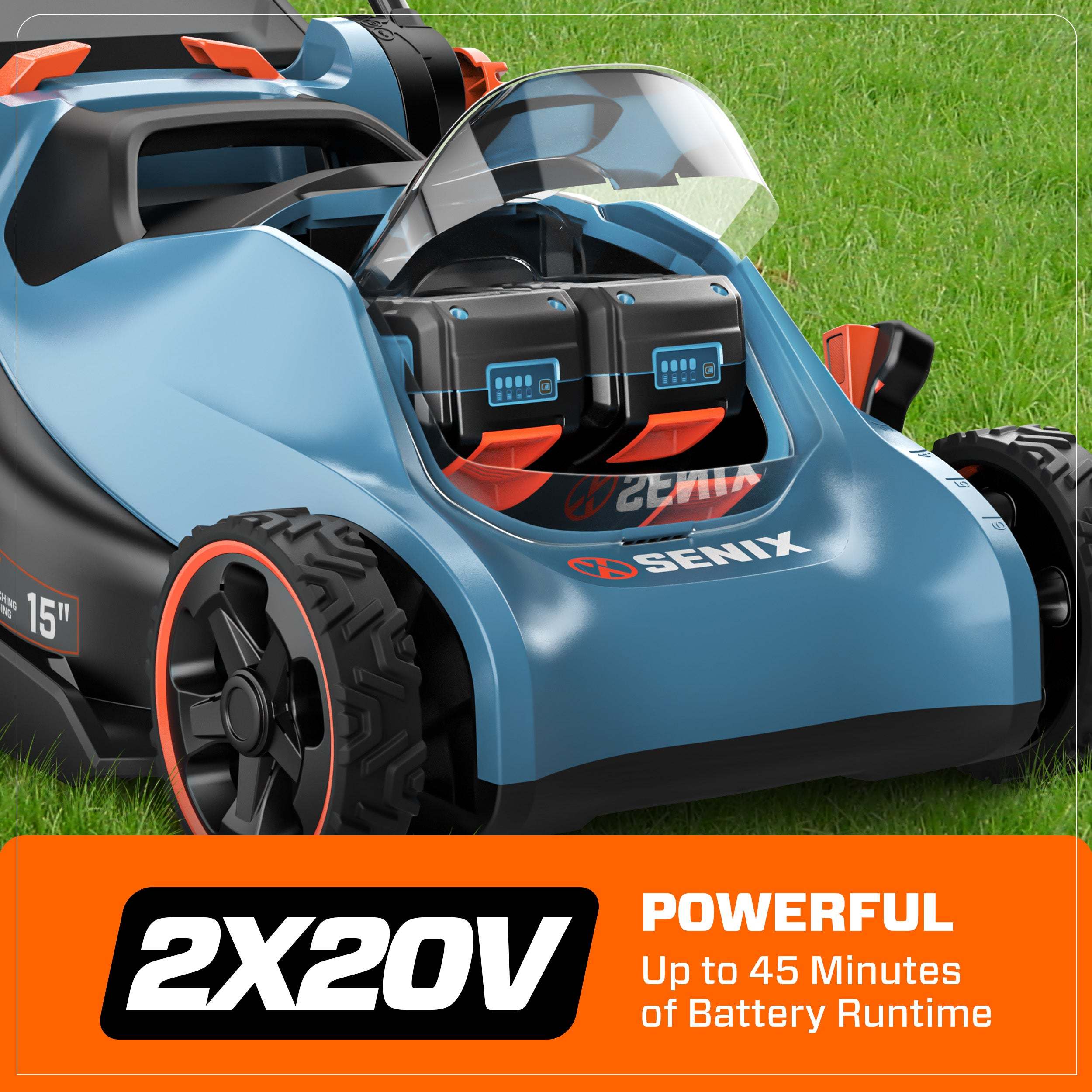 SENIX 2X2 40V Max* 15" Cordless Electric Push Lawn Mower 2-in-1 Baggin | Lawn Mowers | SENIX Tools