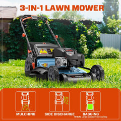 Cortadora de césped autopropulsada a gasolina SENIX de 22" y 163 cc con motor Briggs & Stratton de 4 tiempos, velocidad variable y funciones 3 en 1: triturado, ensacado y descarga lateral.