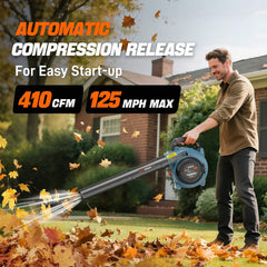 Man using SENIX leaf blower to clear autumn leaves with automatic compression release and 410 CFM power