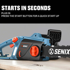Blue and black Senix electric chainsaw with red controls on wooden surface, quick start instructions