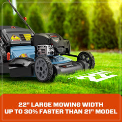 Cortadora de césped autopropulsada a gasolina SENIX de 22" y 163 cc con motor Briggs & Stratton de 4 tiempos, velocidad variable y funciones 3 en 1: triturado, ensacado y descarga lateral.