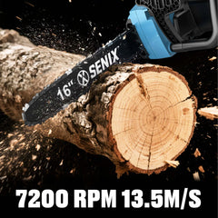 16-inch SENIX chainsaw cutting a log with wood chips flying, showing 7200 RPM and 13.5 m/s speed