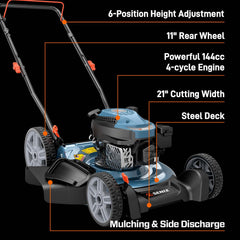 SENIX 21" 144cc 4-Cycle Gas Push Lawn Mower with Side-Discharge | SENIX Tools