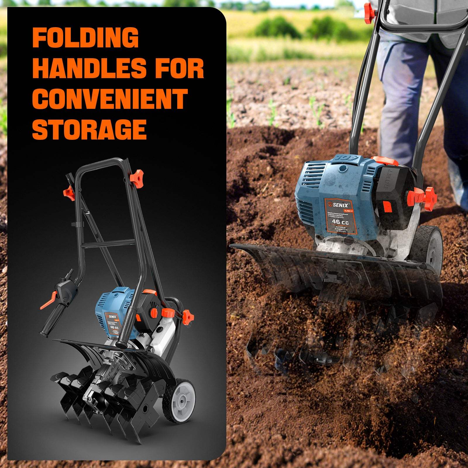4QL® 46cc 4-Cycle Gas Tiller Cultivator | Cultivators | 4QL® 46 cc 4-Cycle Gas Powered Tiller Cultivator | SENIX Tools