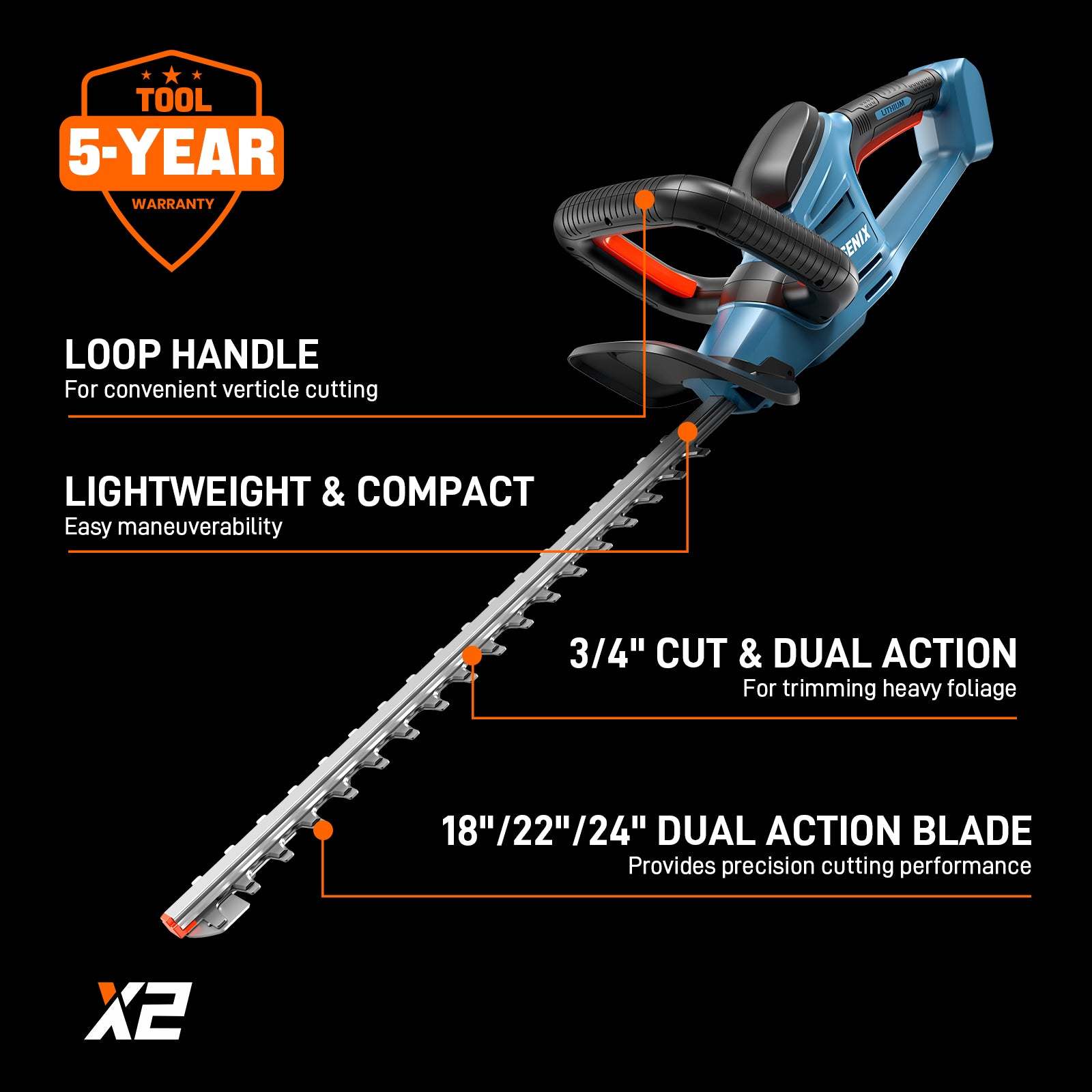 X2 20V Max* 18" Cordless Hedge Trimmer (Tool Only) | Hedge Trimmers | X2 20V Max 18" Cordless Hedge Trimmer - Tool Only | SENIX Tools
