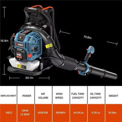 Senix backpack leaf blower with dimensions and specifications on a black background