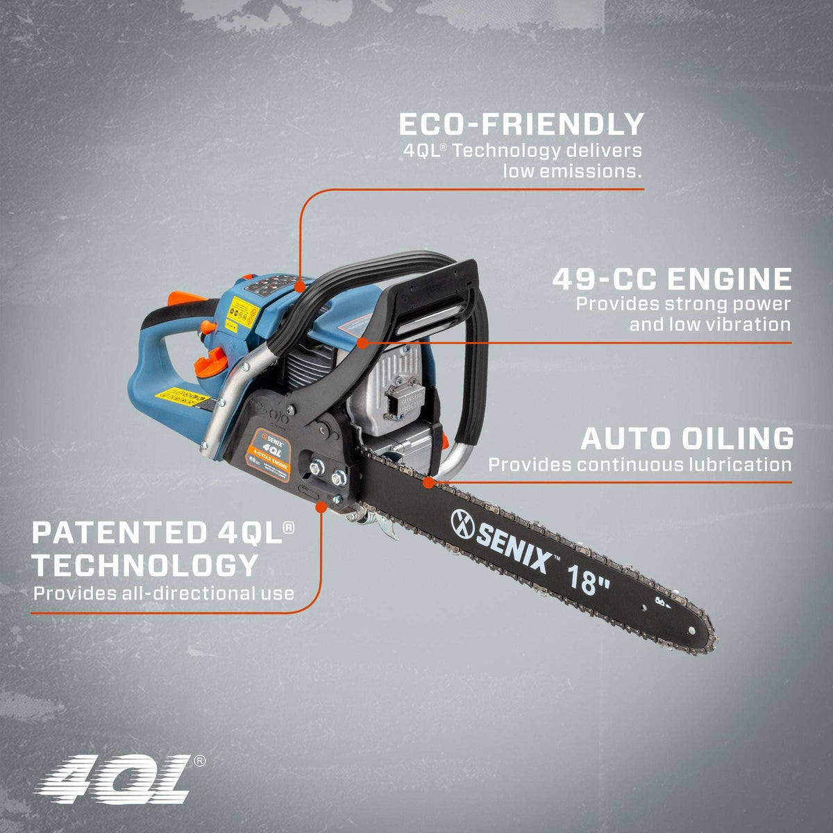 4QL® 18Inch 49 cc 4Cycle Gas Powered Chainsaw, CS4QLL1 SENIX Tools