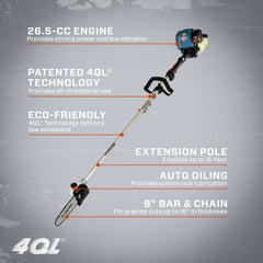 4QL® 26.5cc 4-Cycle 8" Gas Pole Saw with Oregon Bar and Chain | Chainsaws | SENIX Tools