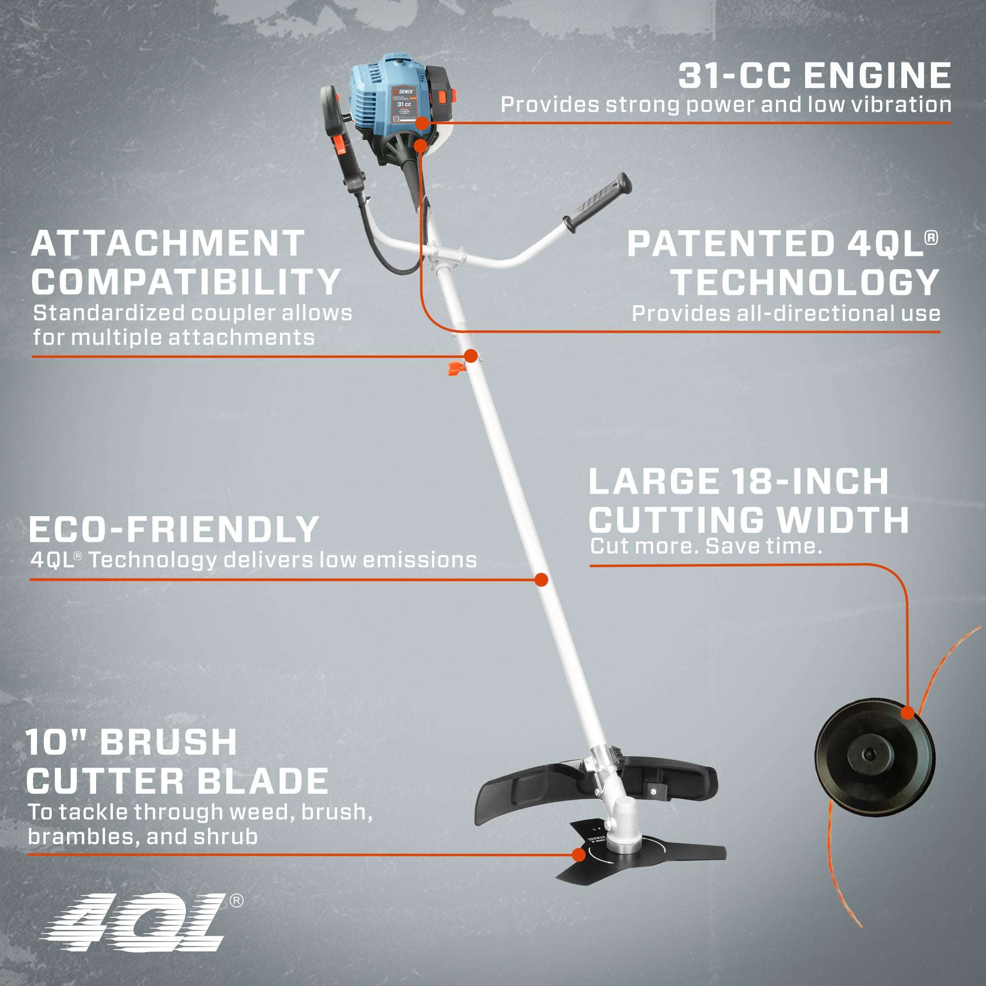 4QL® 31 cc 4-Cycle Gas Powered 10-Inch Brush Cutter and String Trimmer | SENIX Tools