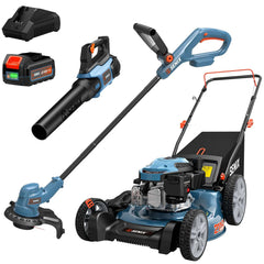 SENIX 3-in-1 Gas Lawn Mower and 20V Cordless String Trimmer & Leaf Blower Combo Kit, 21-Inch 144cc Push Mower with 4.0 Ah Battery & Charger Included