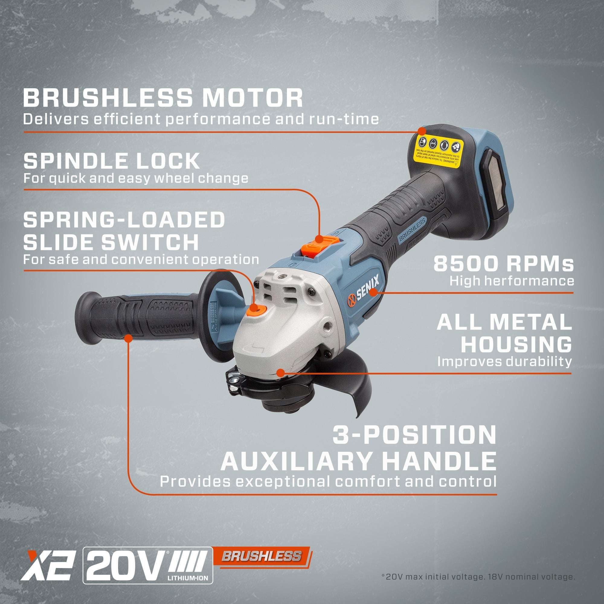 X2 20V Max Cordless Angle Grinder - Tool Only | Power Tools | SENIX Tools