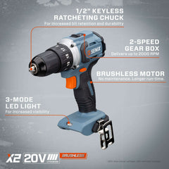 X2 20V Max* 1/2" Cordless Drill/Driver, Brushless (2.0 Ah Battery & Ch | Power Tools | SENIX Tools