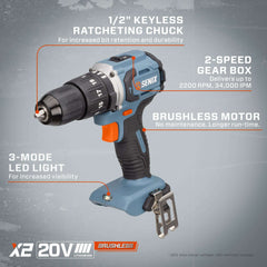X2 20V Max* 1/2" Cordless Hammer Drill, Brushless (2.0 Ah Battery & Ch | Power Tools | SENIX Tools