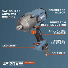 X2 20V Max* 3/4" Cordless Impact Wrench with 1100 ft-lbs of Max Torque | Power Tools | X2 20V Max* | SENIX Tools