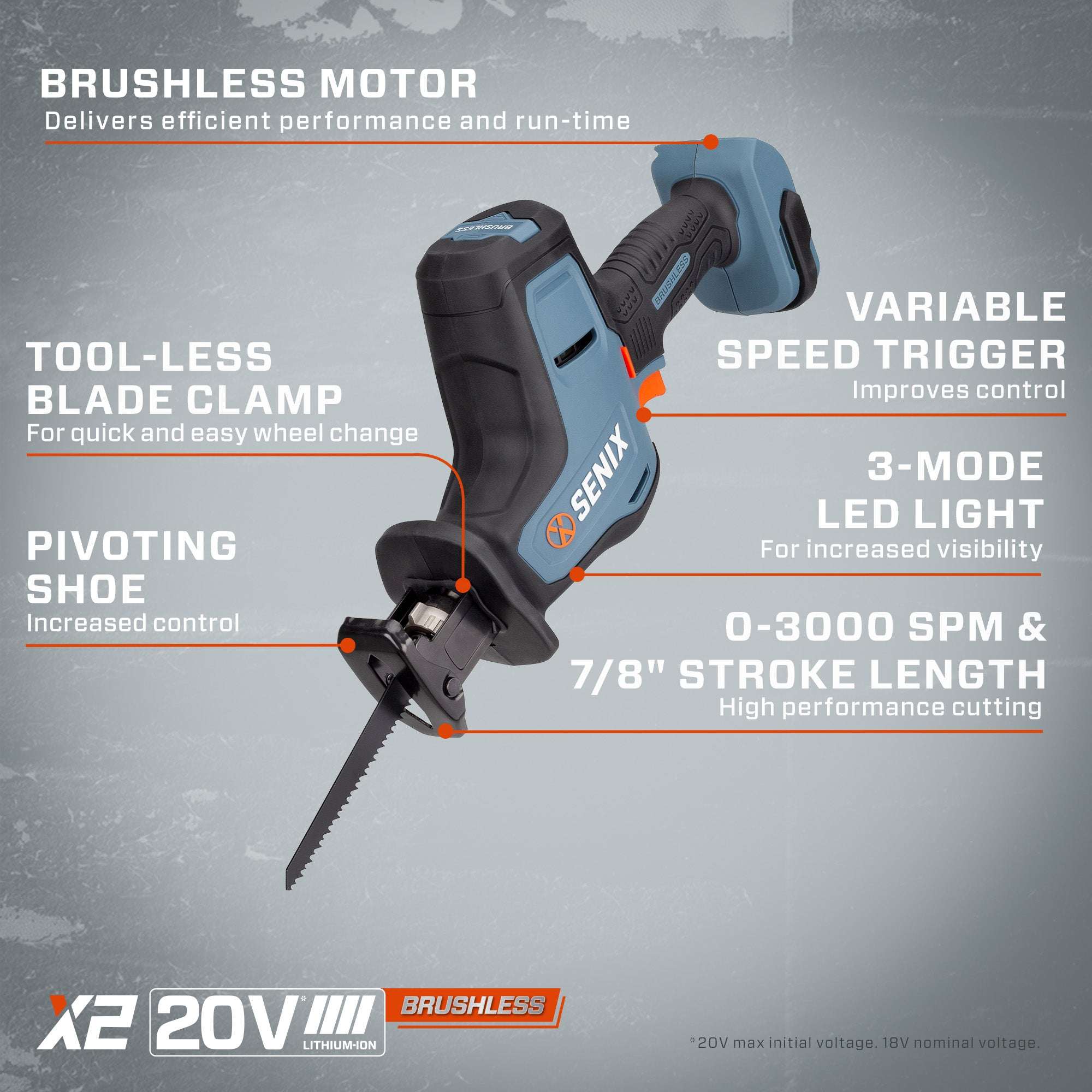 X2 20V Max* 7/8" Cordless Reciprocating Saw, Brushless (2.0 Ah Battery | Power Tools | X2 20V Max* | SENIX Tools