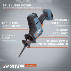 X2 20V Max* 7/8" Cordless Reciprocating Saw, Brushless (2.0 Ah Battery | Power Tools | X2 20V Max* | SENIX Tools