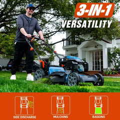 A man pushes a blue and black 3-in-1 lawn mower on a green lawn in front of a white house. The image includes text overlays reading '3-IN-1 VERSATILITY' and three feature icons at the bottom for side discharge, mulching, and bagging.
