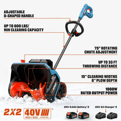 SENIX 2X2 40V Max 15-Inch Cordless Snow Shovel, Brushless, 2*5.0Ah Batteries & 2*Chargers Included STX2-M2