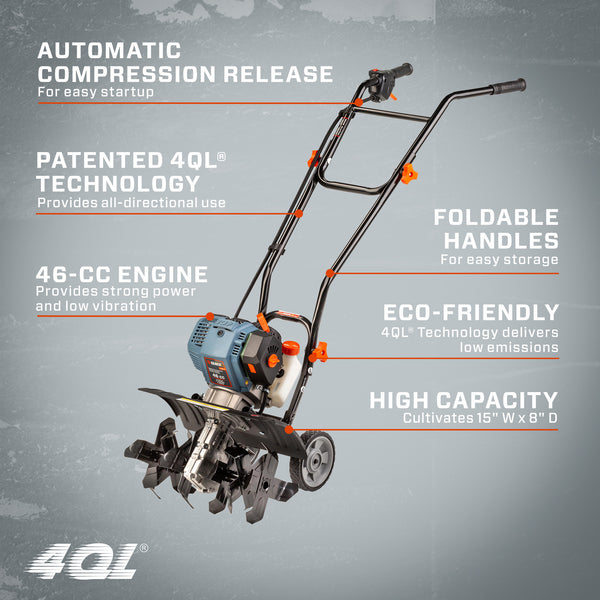 4QL® 46 cc 4-Cycle Gas Powered Tiller Cultivator, 15-Inch Tilling