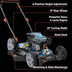 SENIX 21'' 144cc 2-IN-1 4-Cycle Gas Push Lawn Mower & 6 Amp Corded Electric Leaf Blower Combo Kit