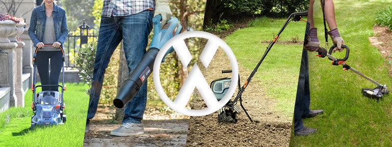Collage of outdoor power tools including a lawn mower, leaf blower, tiller, and string trimmer used for summer yard maintenance