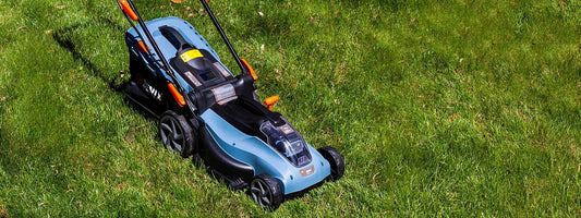 Blue and black battery powered lawn mower on green grass lawn in sunny outdoor setting