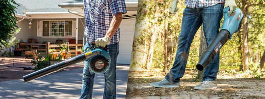 Man using Senix leaf blower outdoors on driveway and wooded area, wearing gloves and casual clothes