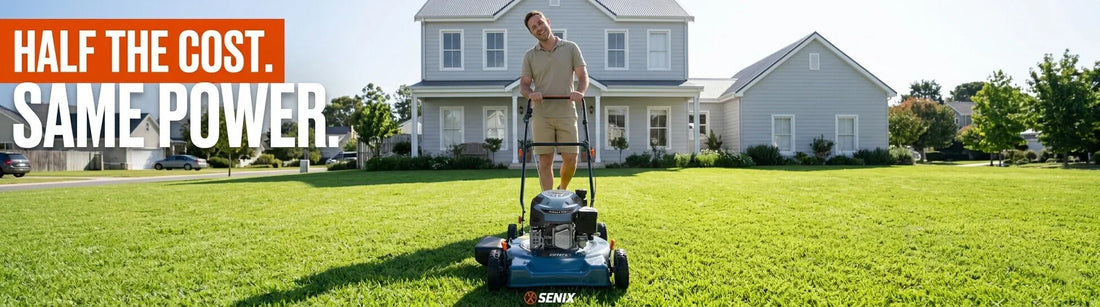 A wide father's day banner for SENIX gas lawn mower featuring a smiling man pushing the mower on a large, green sunny backyard lawn in front of a modern house. 