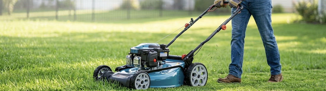 An American man wearing work gloves is pushing the SENIX gas lawn mower, mowing a lush green residential lawn. 