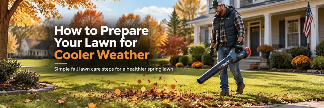 Homeowner preparing lawn for fall and cooler weather