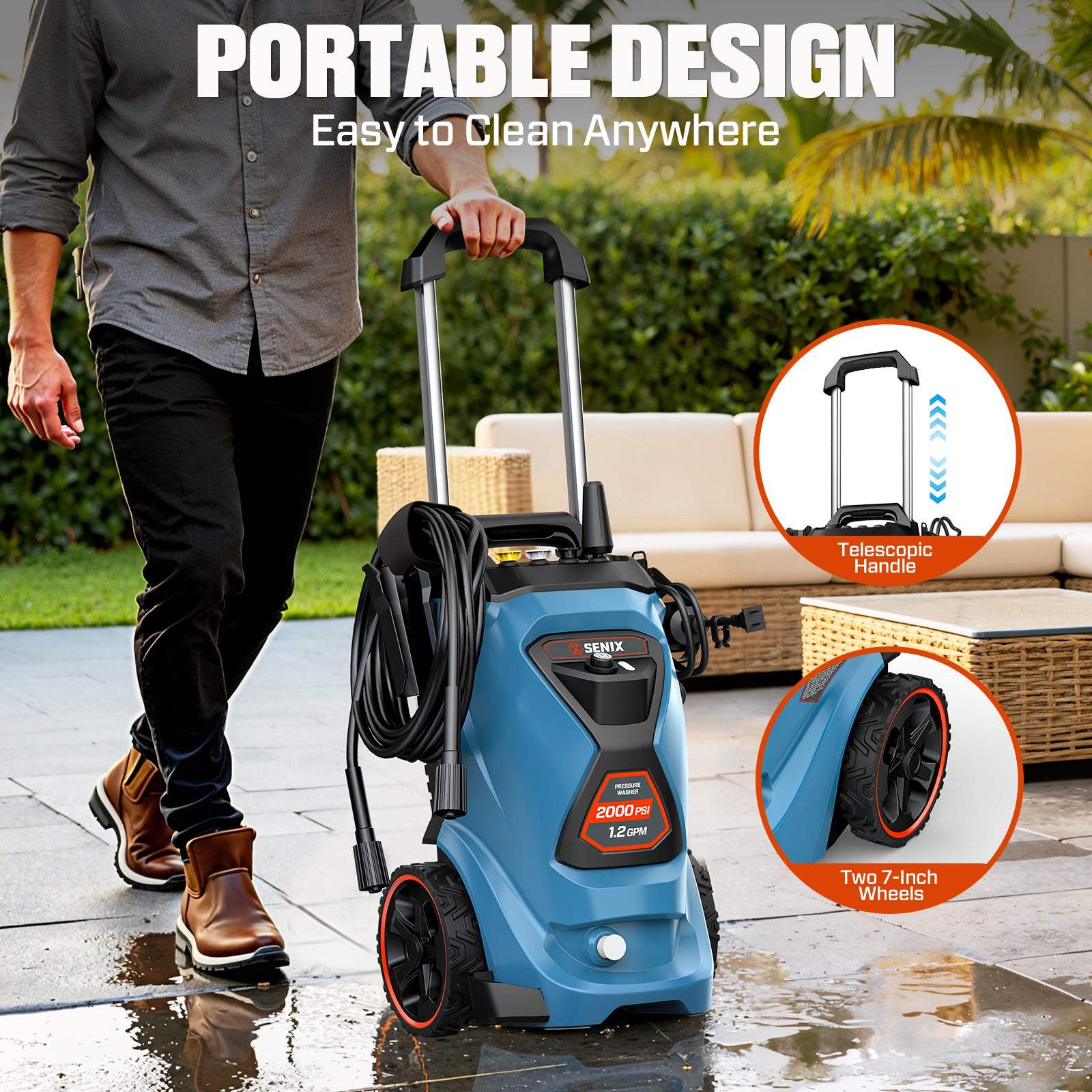 SENIX 2000 PSI Electric Pressure Washer, 1.2 GPM Compact Power Cleaner