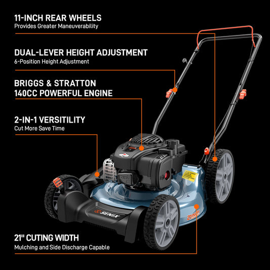 SENIX 21" 140cc 4-Cycle Briggs & Stratton Engine Gas Push Lawn Mower | Lawn Mowers | SENIX Tools