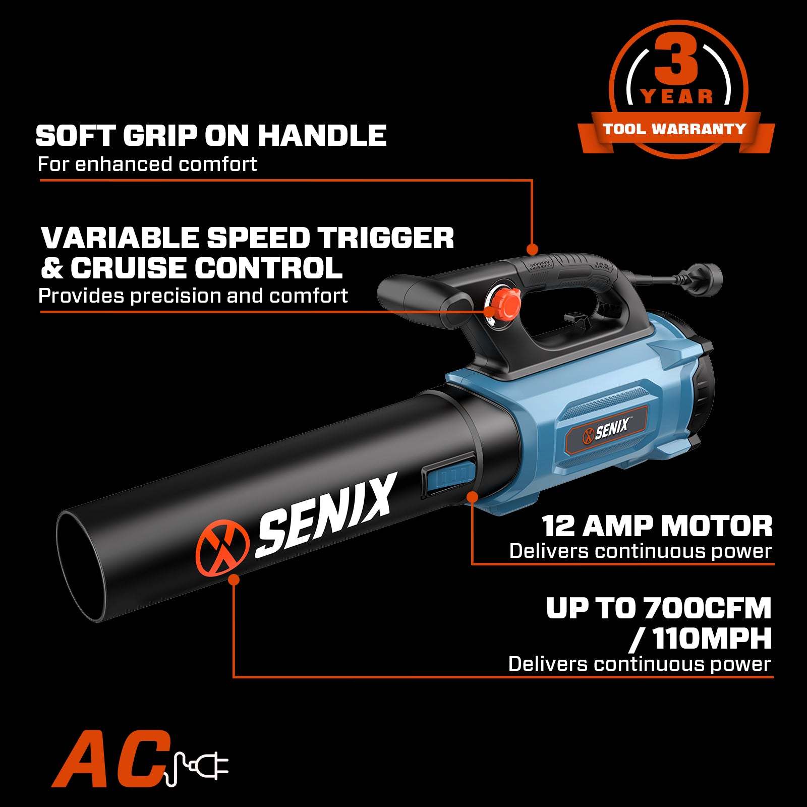 Soplador de hojas eléctrico con cable SENIX de 12 amperios