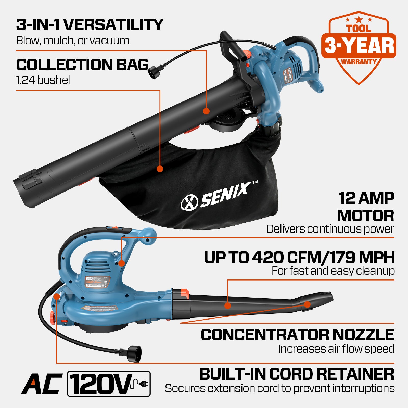 12 Amp Corded Electric 3-in-1 Leaf Blower, Vacuum, and MulcherLeaf Blo