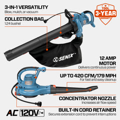 12 Amp Corded Electric 3-in-1 Leaf Blower, Vacuum, and Mulcher