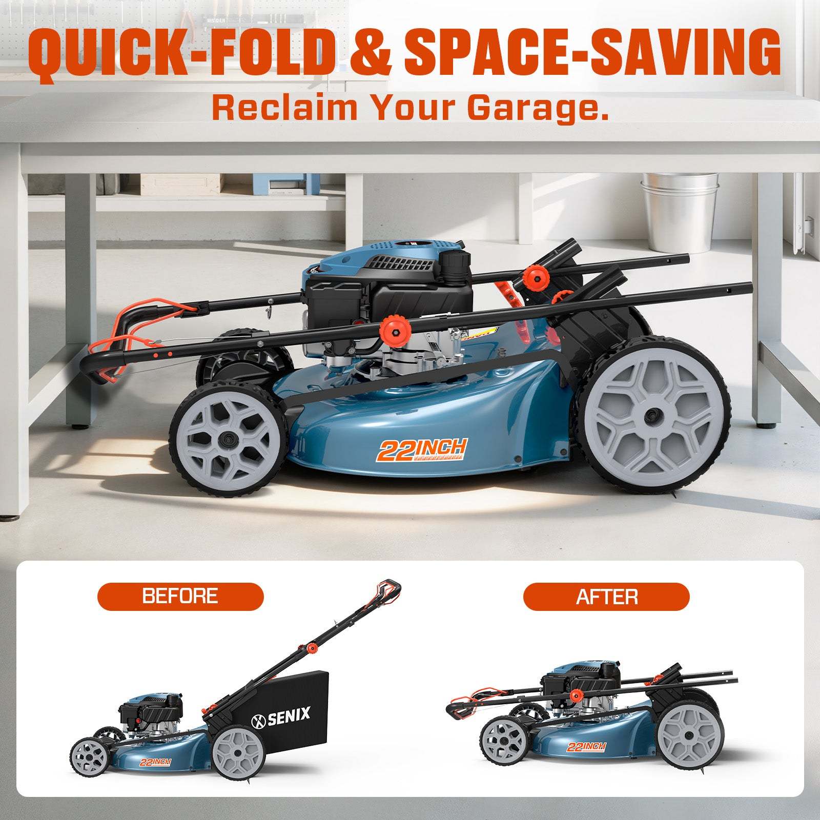 SENIX 22" Self-Propelled Gas Lawn Mower with 170cc OHV 4-Cycle Engine, 3-in-1 Walk-Behind Mower, 6-Position Height Adjustment