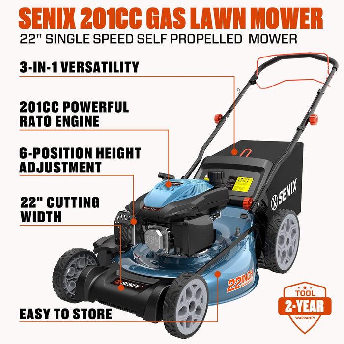 SENIX 201cc Gas Lawn Mower, 22" Single-Speed Self-Propelled Mower