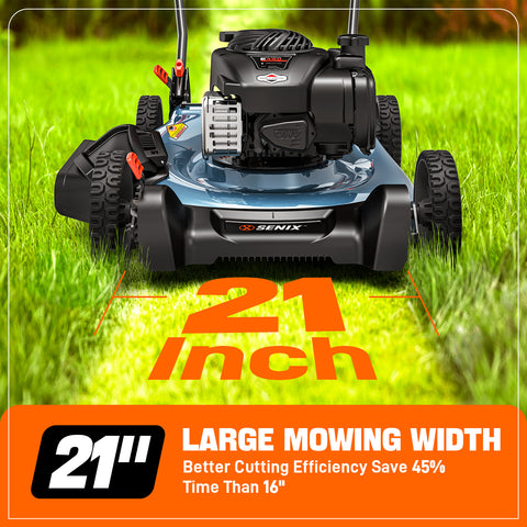 SENIX 21" 125cc 4-Cycle Briggs & Stratton Engine Gas Push Lawn Mower with 2-in-1 Mulching, Side Discharge