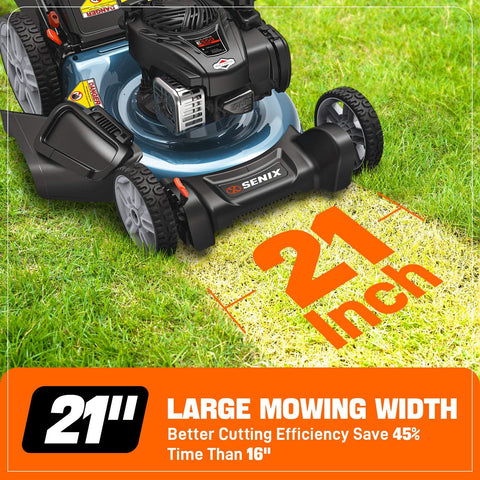 SENIX 21" 140cc 4-Cycle Briggs & Stratton Engine Gas Push Lawn Mower with 3-in-1 Mulching, Bagging, Side Discharge