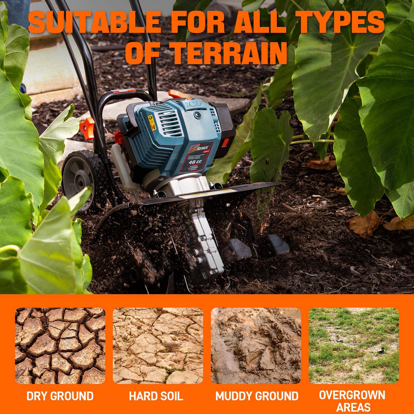 4QL® 46 cc 4-Cycle Gas Powered Tiller Cultivator | SENIX Tools