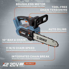 X2 20V Max* 10" Cordless Chainsaw, Brushless (2.5 Ah Battery & Charger | Chainsaws | X2 20V Max 10" Cordless Chainsaw | SENIX Tools