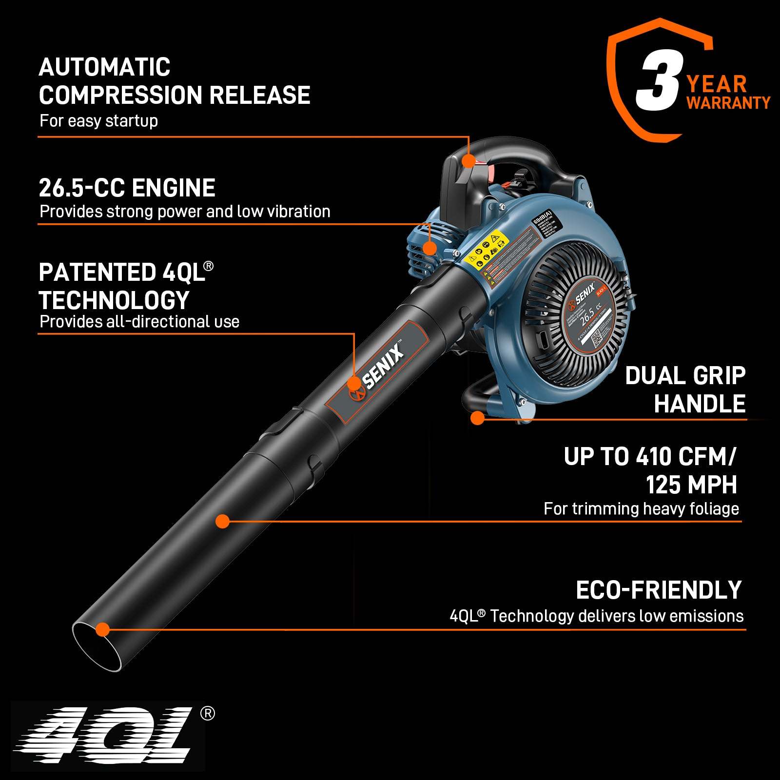 Soplador de hojas portátil a gasolina de 4 tiempos y 26,5 cc 4QL®
