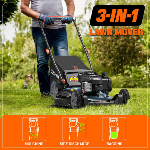 SENIX 21" 140cc 4-Cycle Briggs & Stratton Engine Gas Push Lawn Mower with 3-in-1 Mulching, Bagging, Side Discharge
